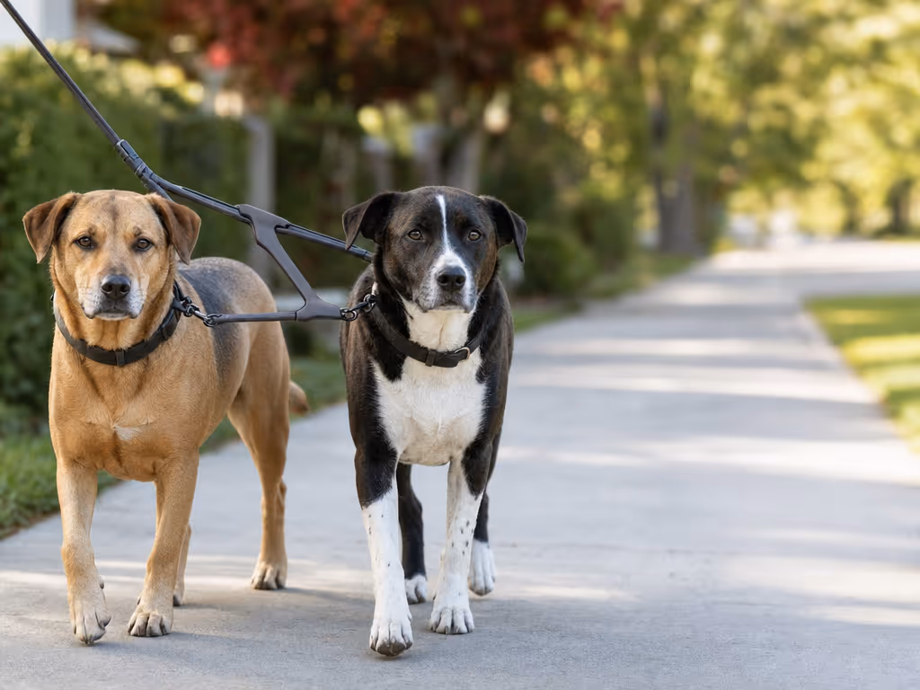 two_dogs_walking_calmly_with_a_leash_splitter_on_a_sidewalk