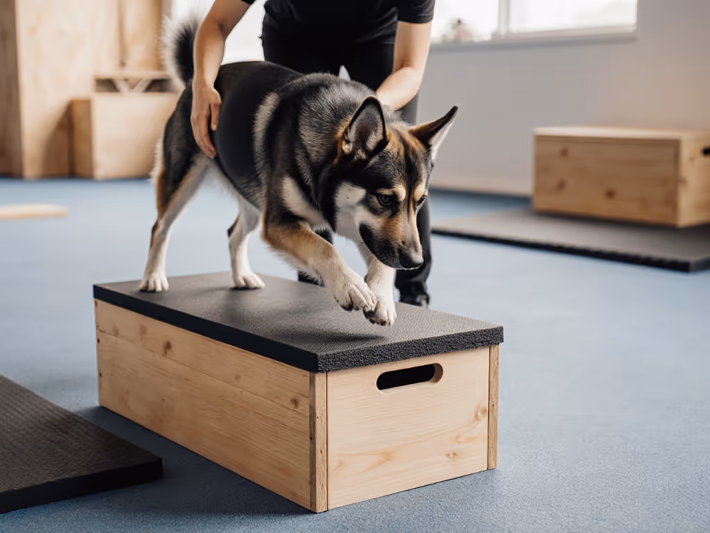 dog_stepping_onto_low-height_plyo_box_with_handler_guiding
